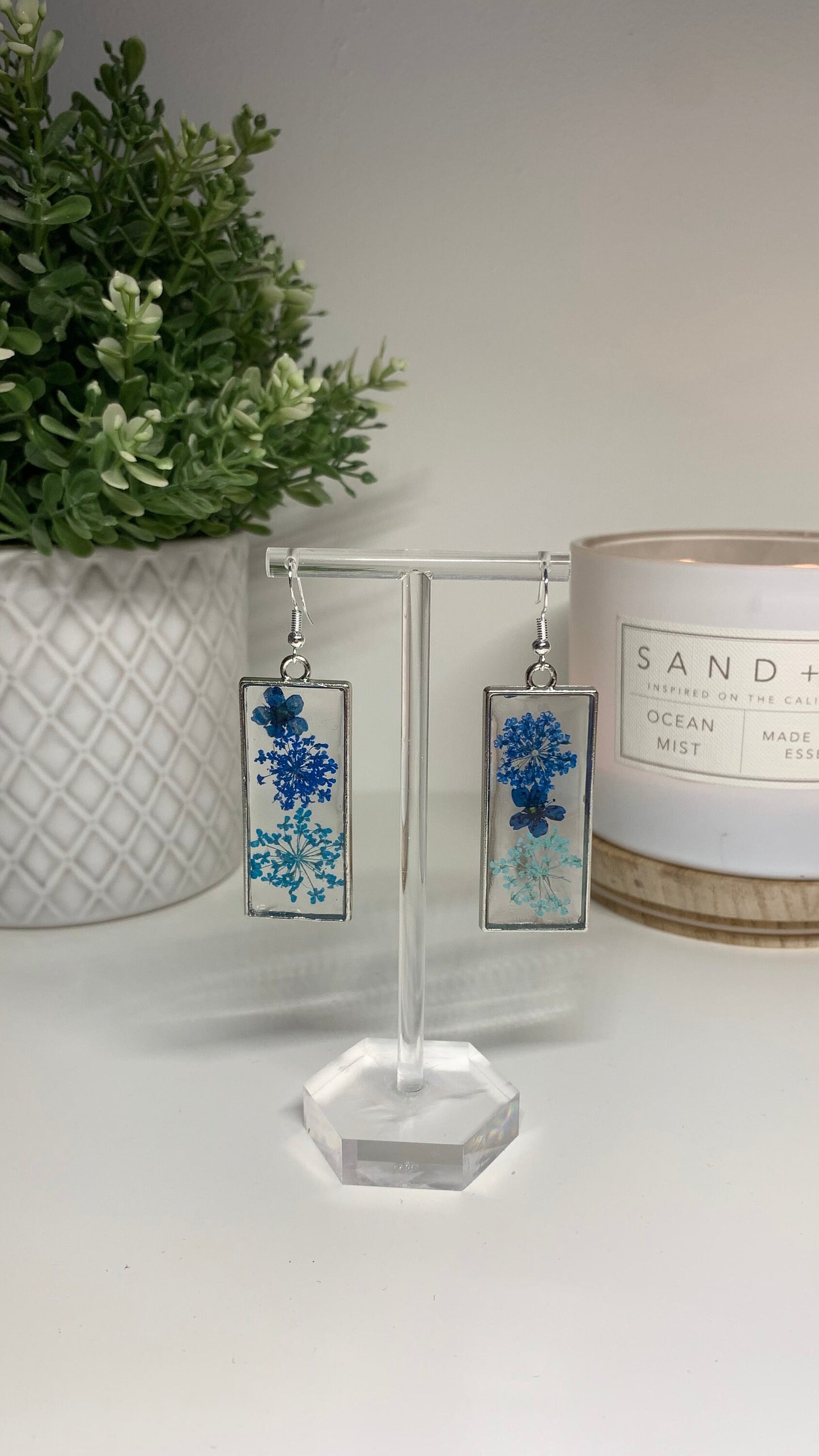 Resin Framed Earrings - With Dried Blue Flowers in Silver or Gold Frames