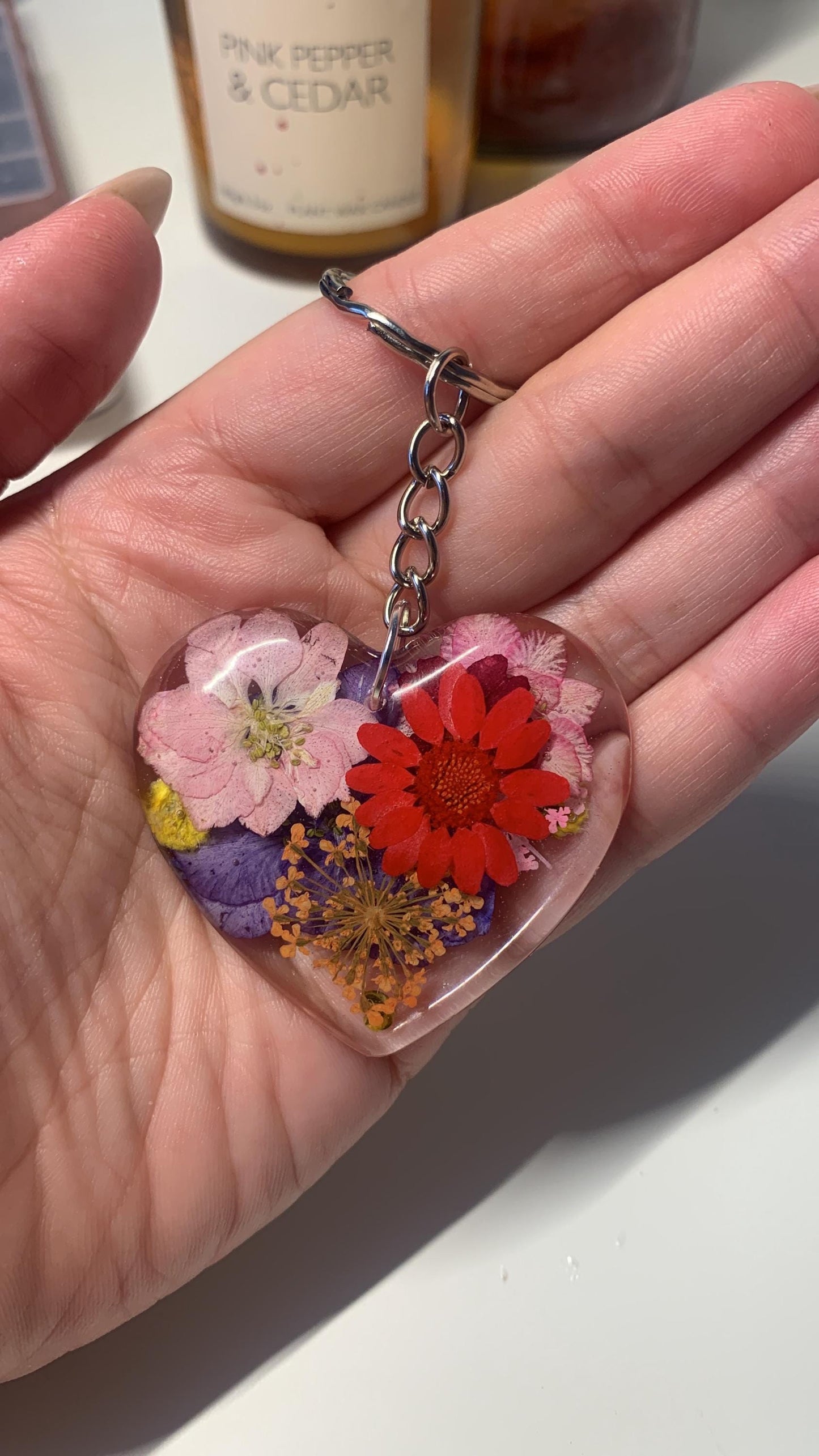 Heart Keyring / Keychain - Flowers (with a Range of Colours Available)