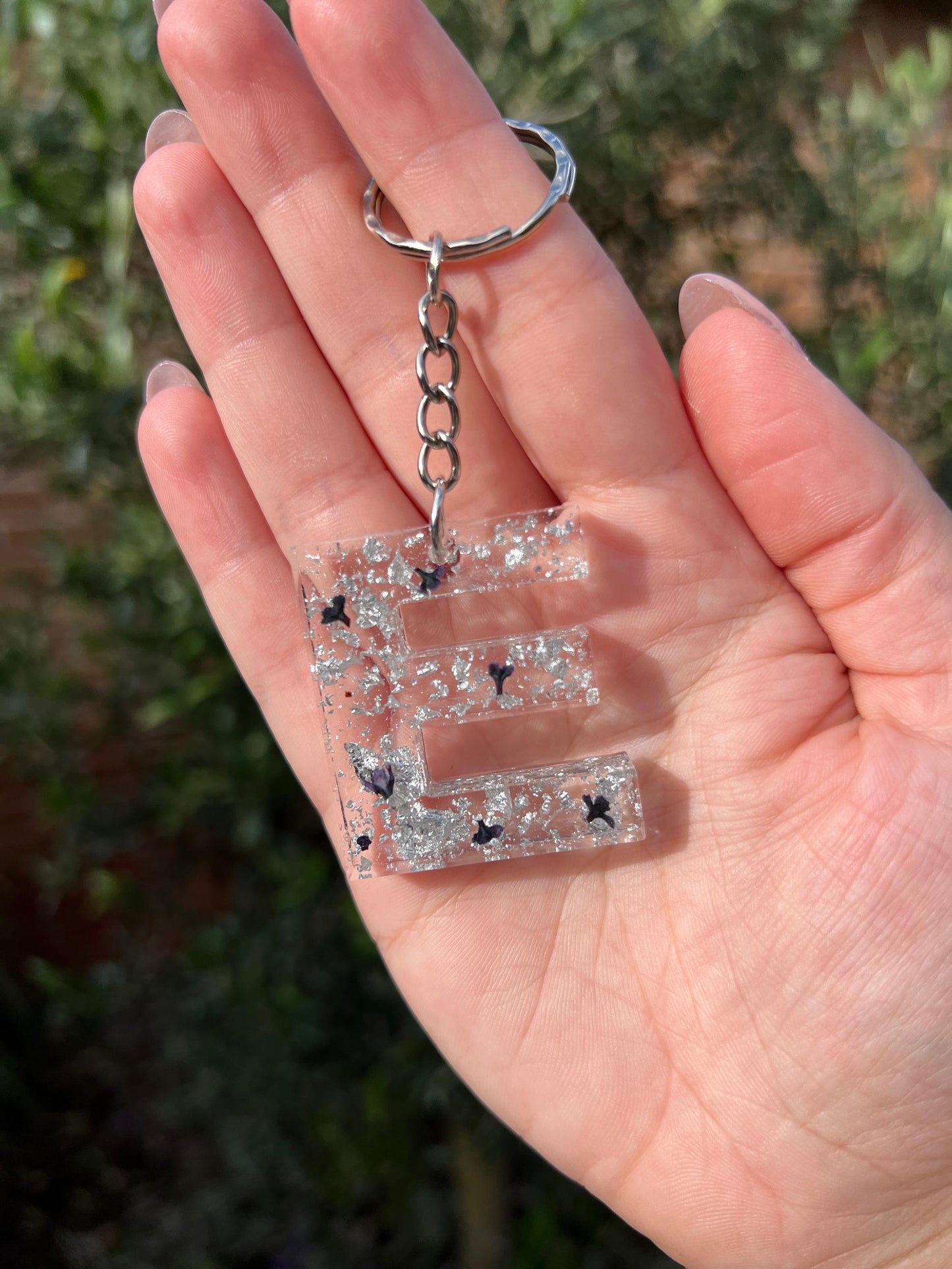 Letter Keyring / Keychain - Small Dried Flowers (Availble with Silver or Gold Glitter / Foil)