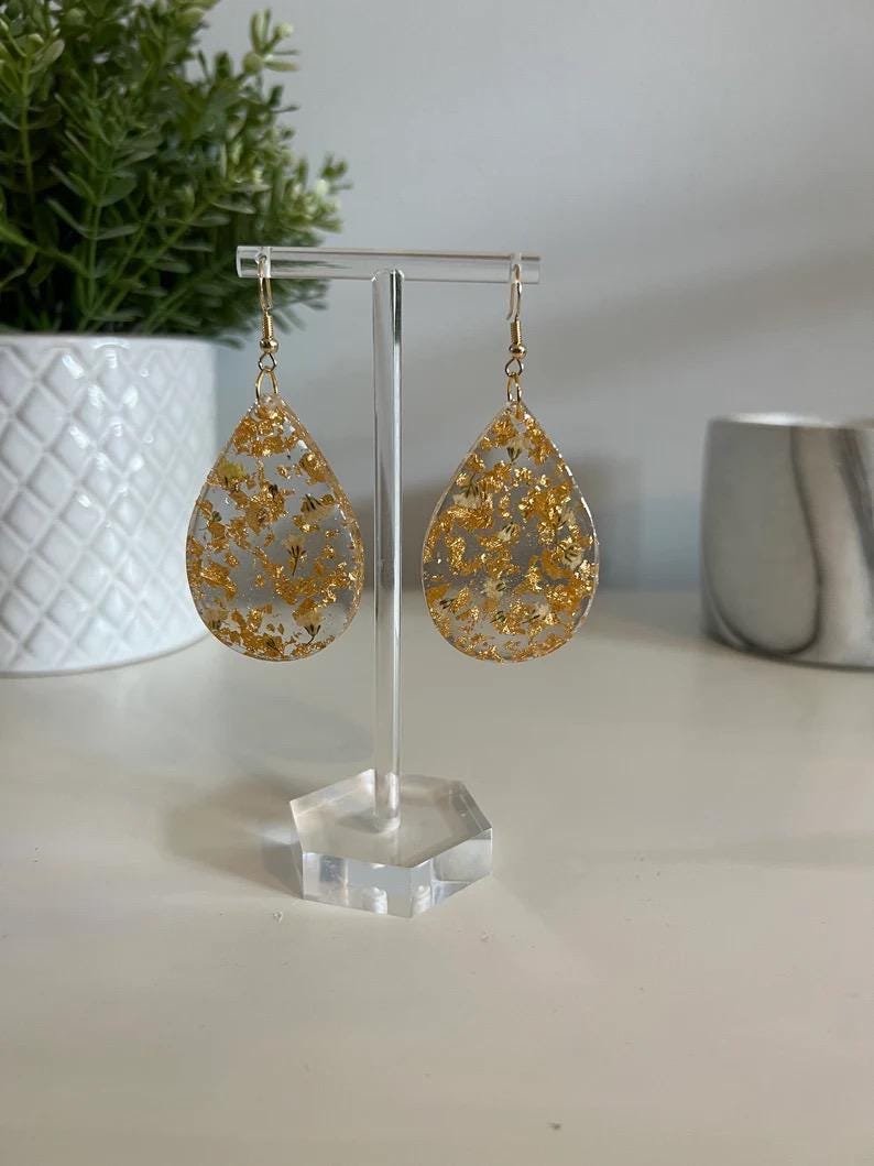 Large Earrings - with Pressed Flowers, Silver or Gold Foil in a Range of Shapes