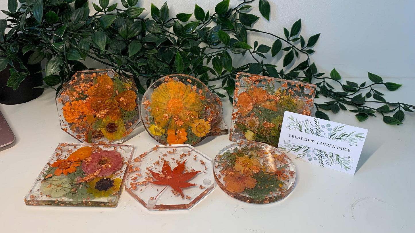 Autumn Coasters with Pressed Flowers and Copper Foil
