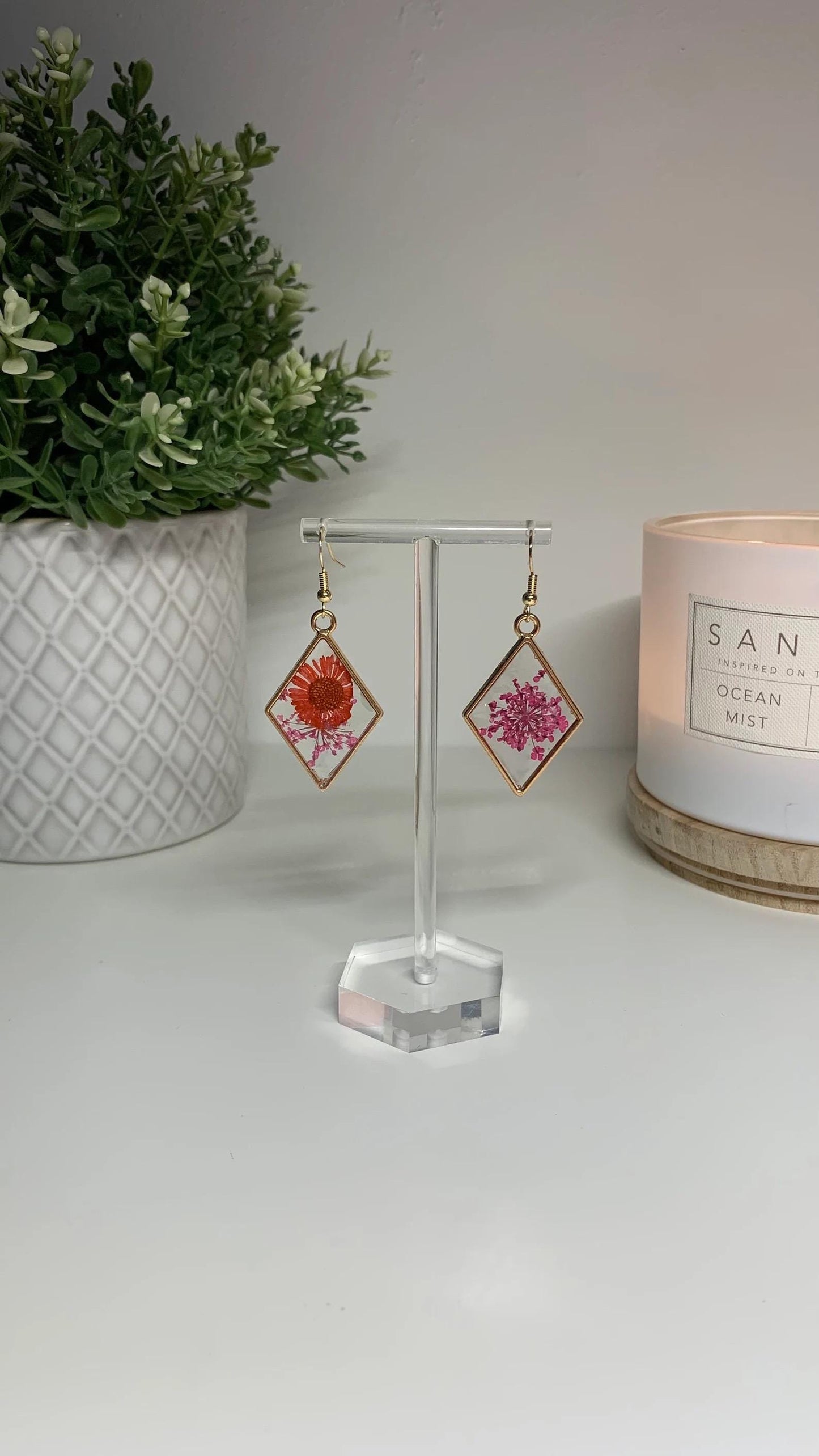 Resin Framed Earrings - With Dried Red Flowers in Silver or Gold Frames