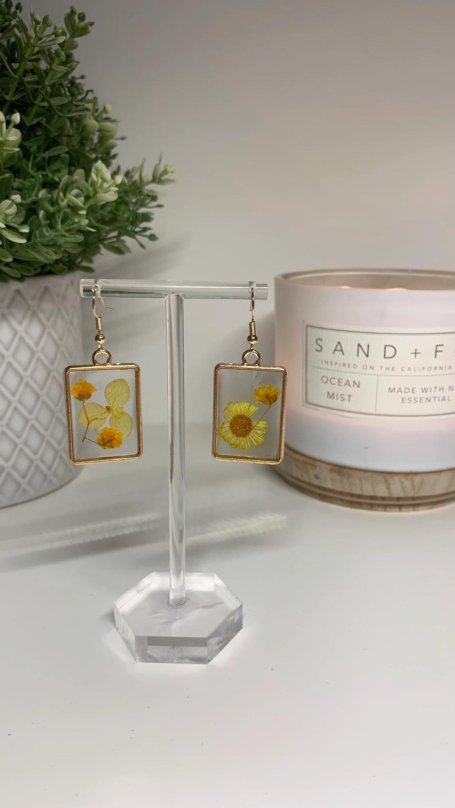 Resin Framed Earrings - With Dried Orange Flowers in Silver or Gold Frames