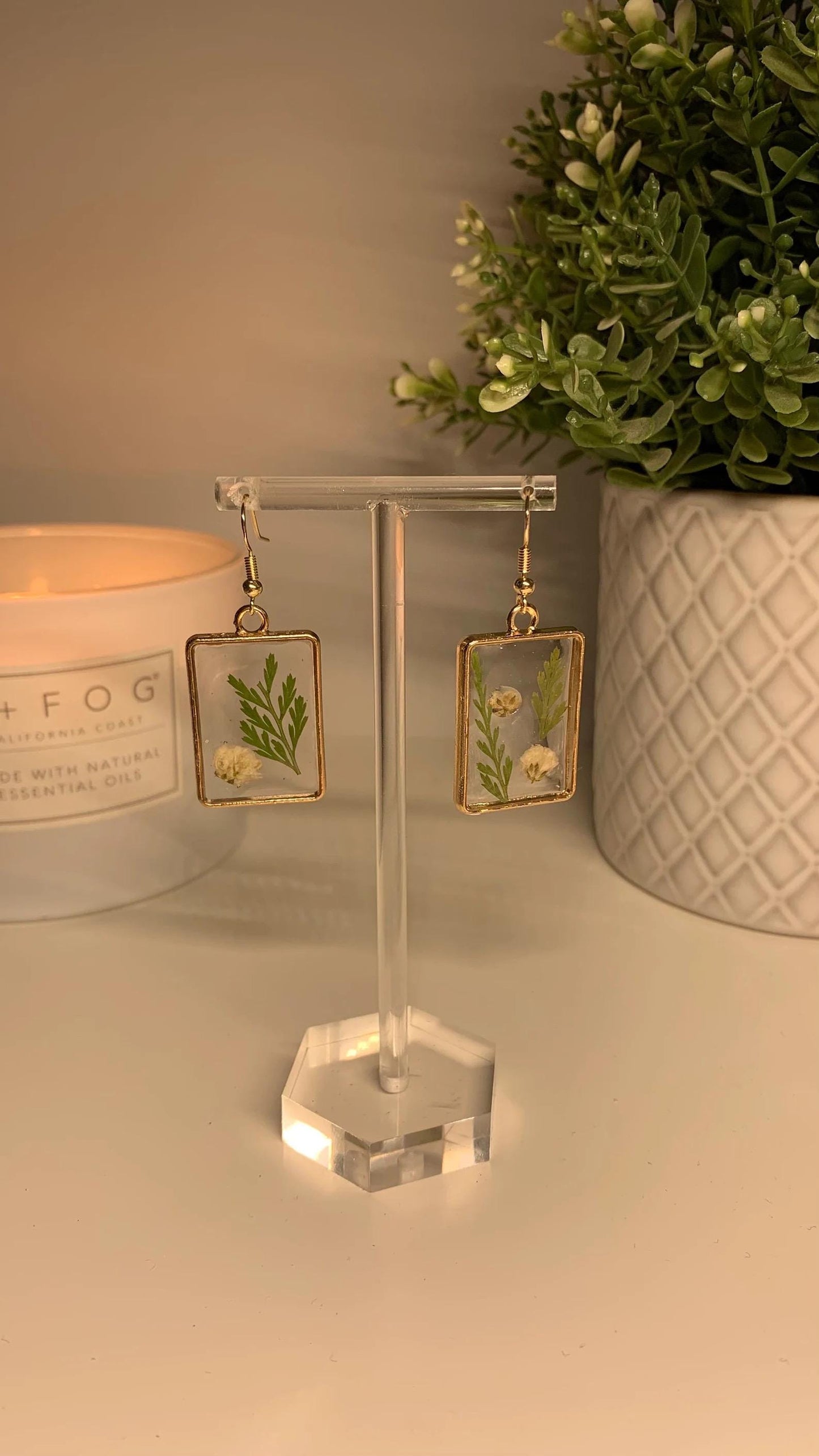 Resin Framed Earrings - With Dried White Flowers and Foliage in Silver or Gold Frames