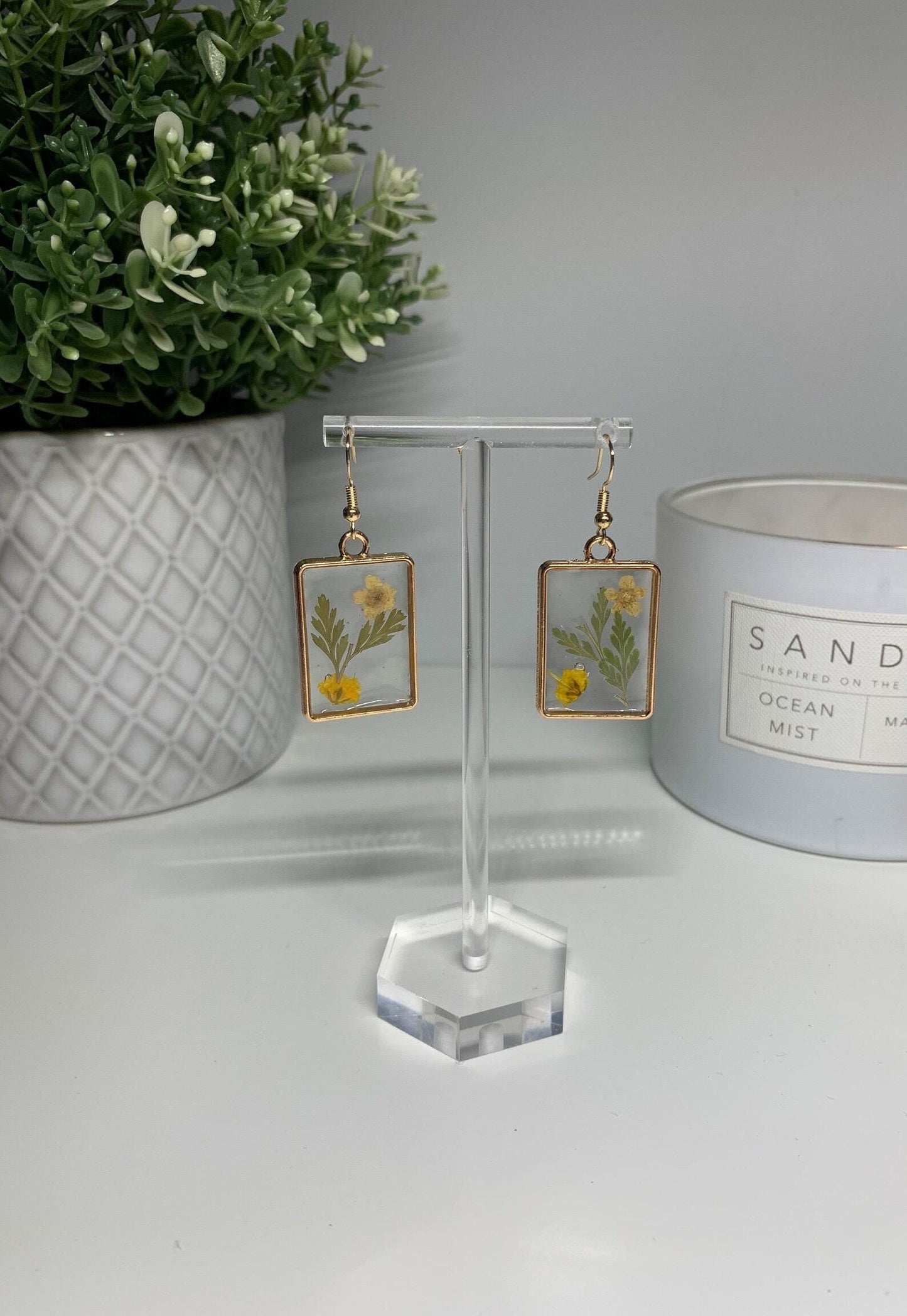 Resin Framed Earrings - With Dried Yellow Flowers in Silver or Gold Frames