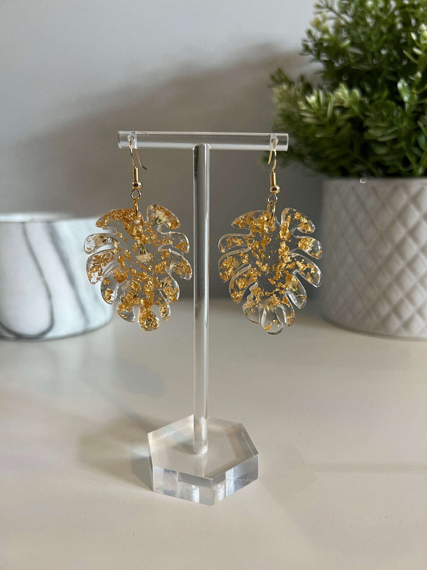 Large Earrings - with Pressed Flowers, Silver or Gold Foil in a Range of Shapes