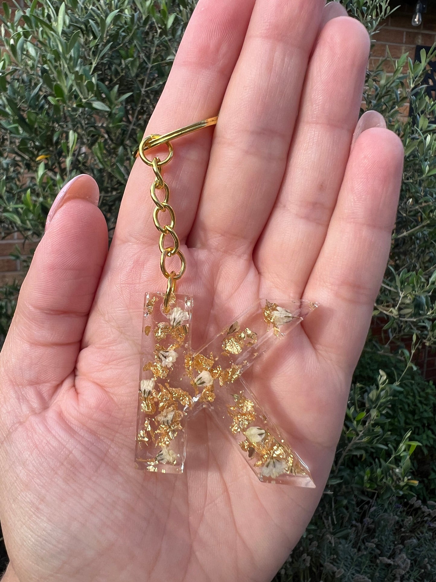 Letter Keyring / Keychain - Small Dried Flowers (Availble with Silver or Gold Glitter / Foil)