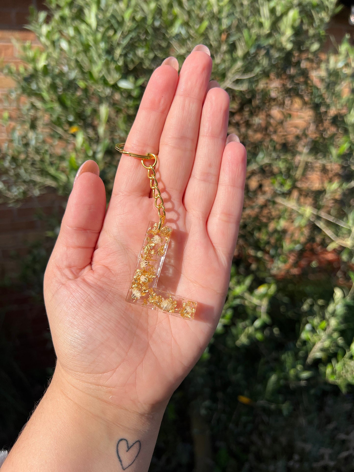 Letter Keyring / Keychain - Small Dried Flowers (Availble with Silver or Gold Glitter / Foil)