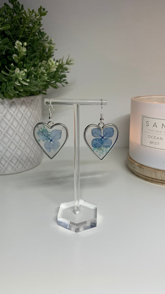 Resin Framed Earrings - With Dried Blue Flowers in Silver or Gold Frames