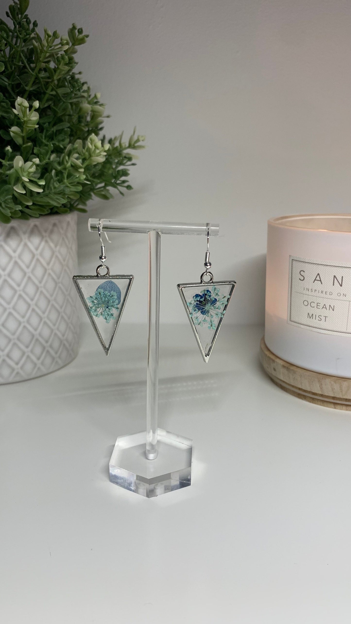 Resin Framed Earrings - With Dried Blue Flowers in Silver or Gold Frames