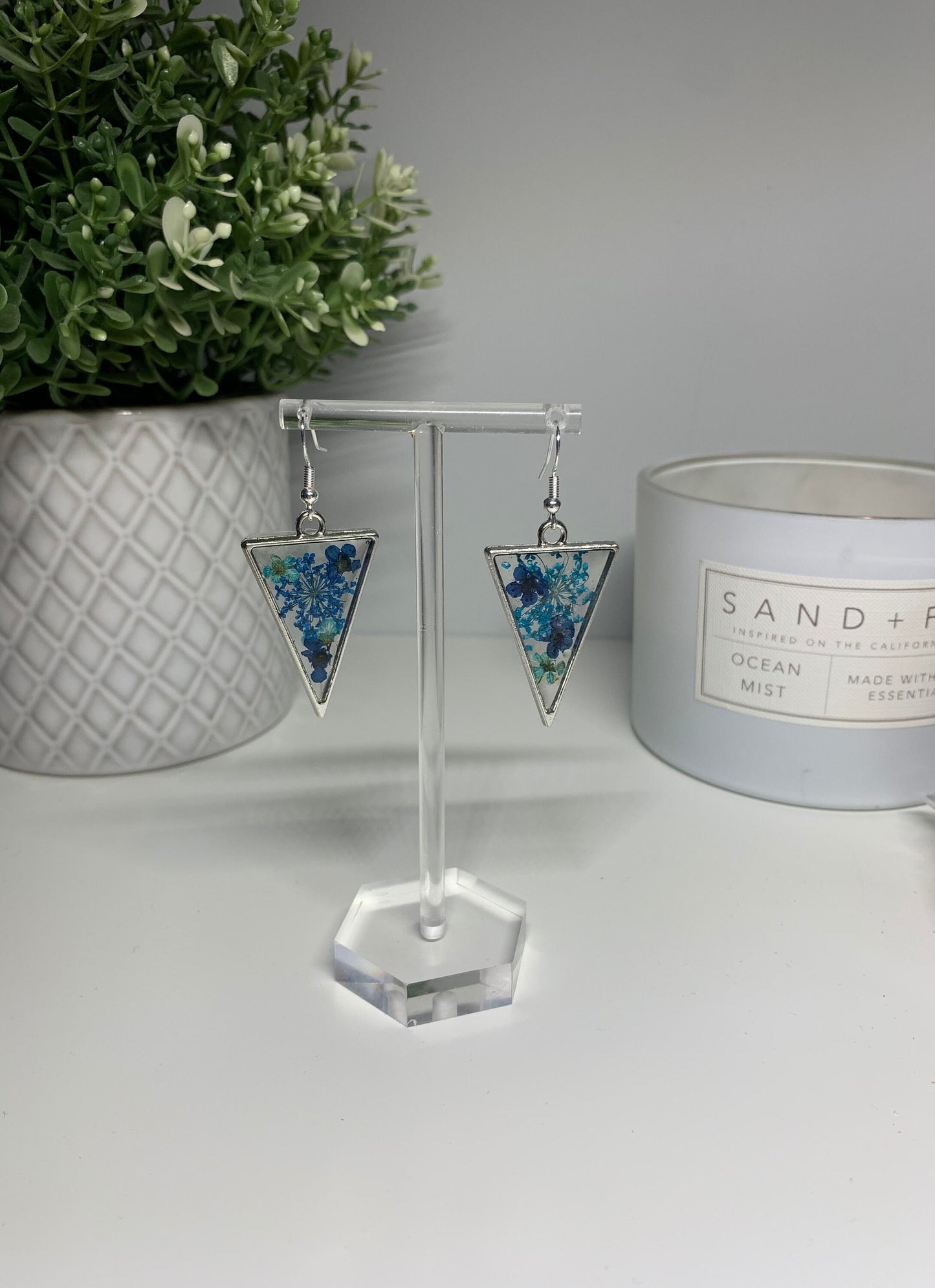 Resin Framed Earrings - With Dried Blue Flowers in Silver or Gold Frames