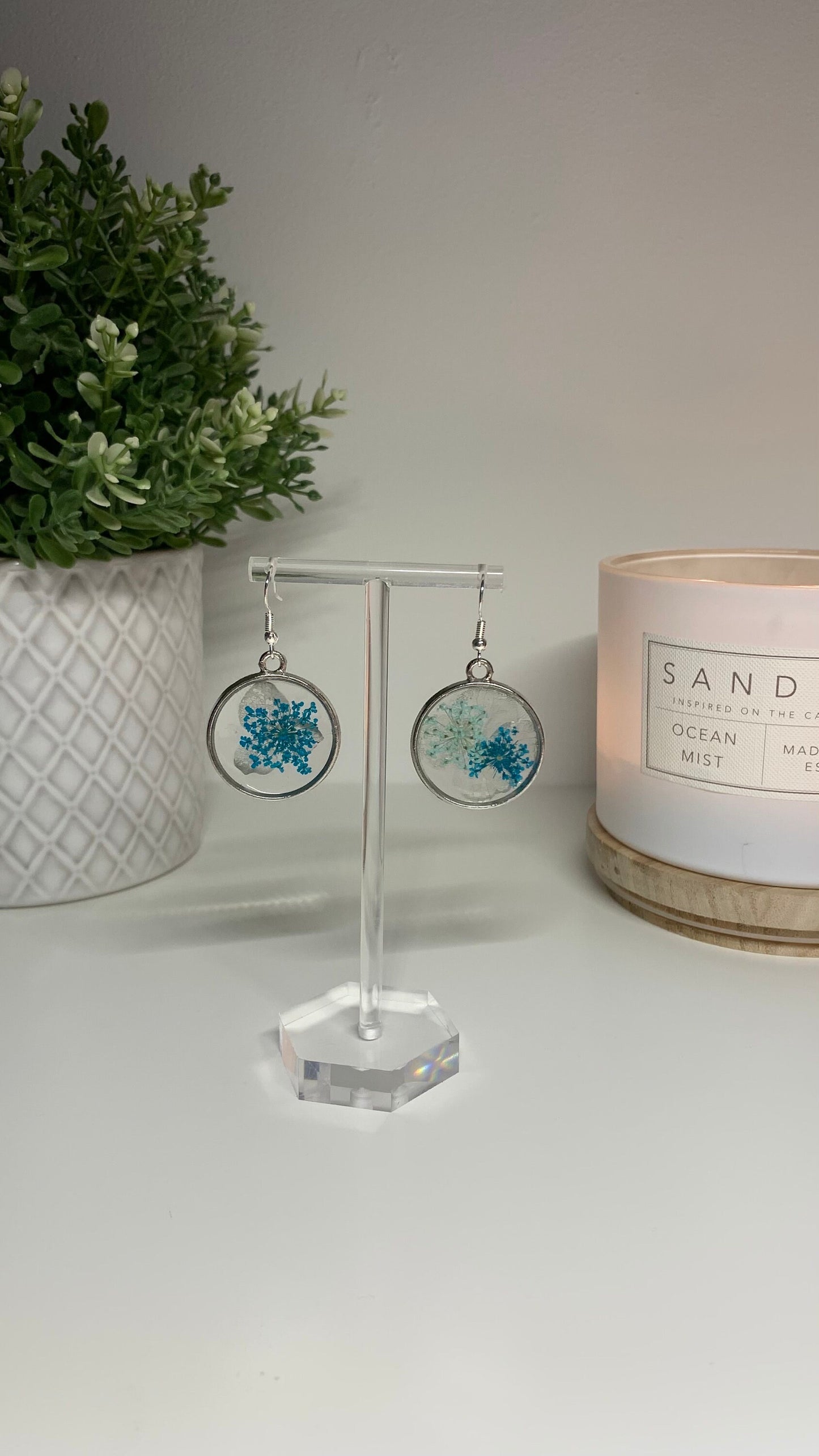 Resin Framed Earrings - With Dried Blue Flowers in Silver or Gold Frames