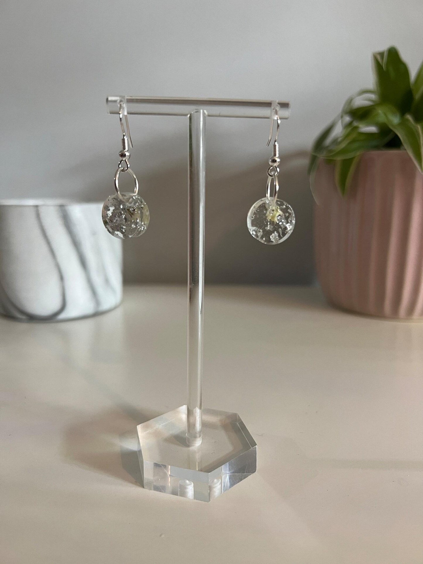 Small Earrings - With Pressed Flowers, Silver or Gold Foil in a Range of Shapes
