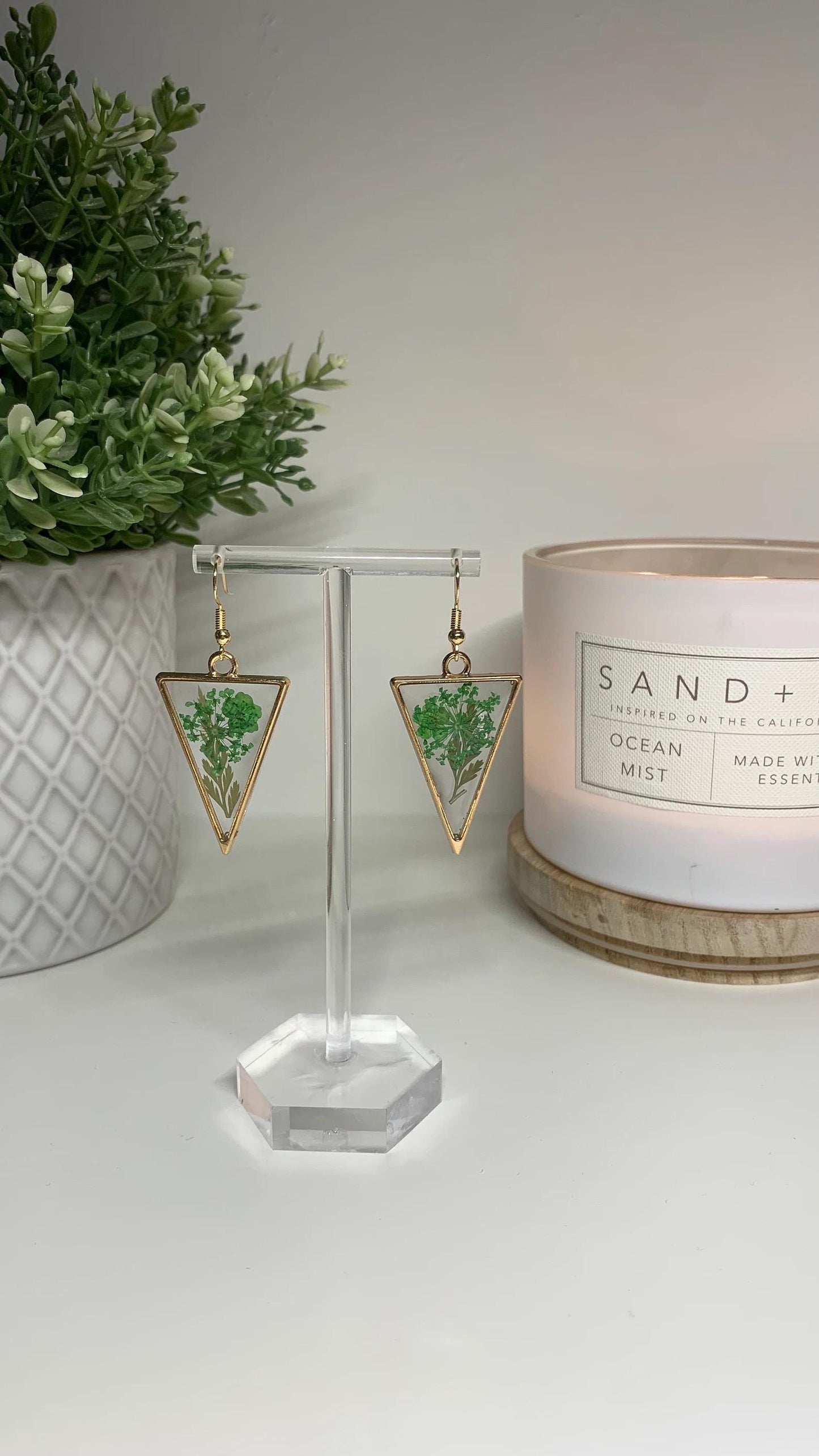 Resin Framed Earrings - With Dried Green Flowers in Silver or Gold Frames