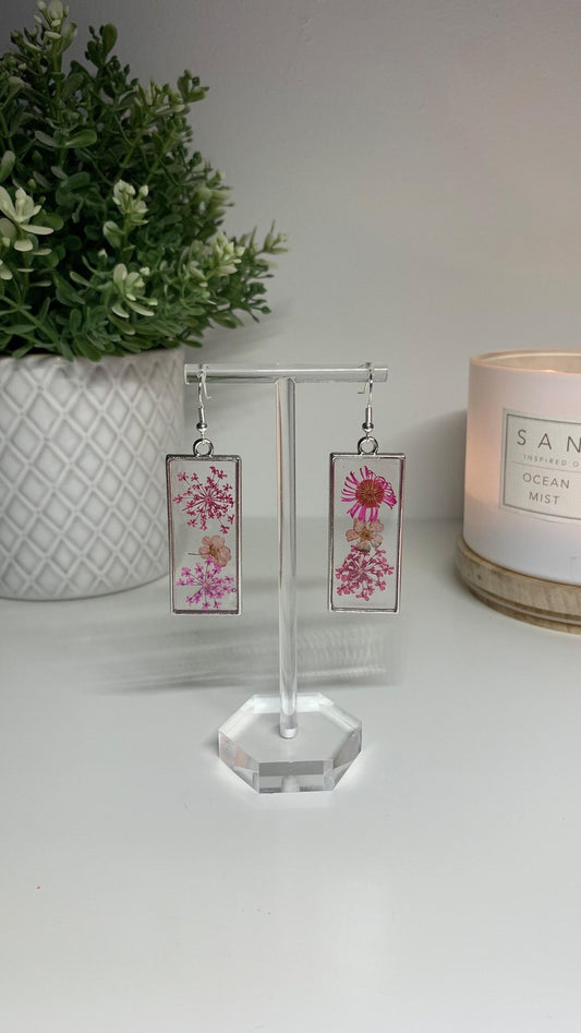 Resin Framed Earrings - With Dried Pink Flowers in Silver or Gold Frames