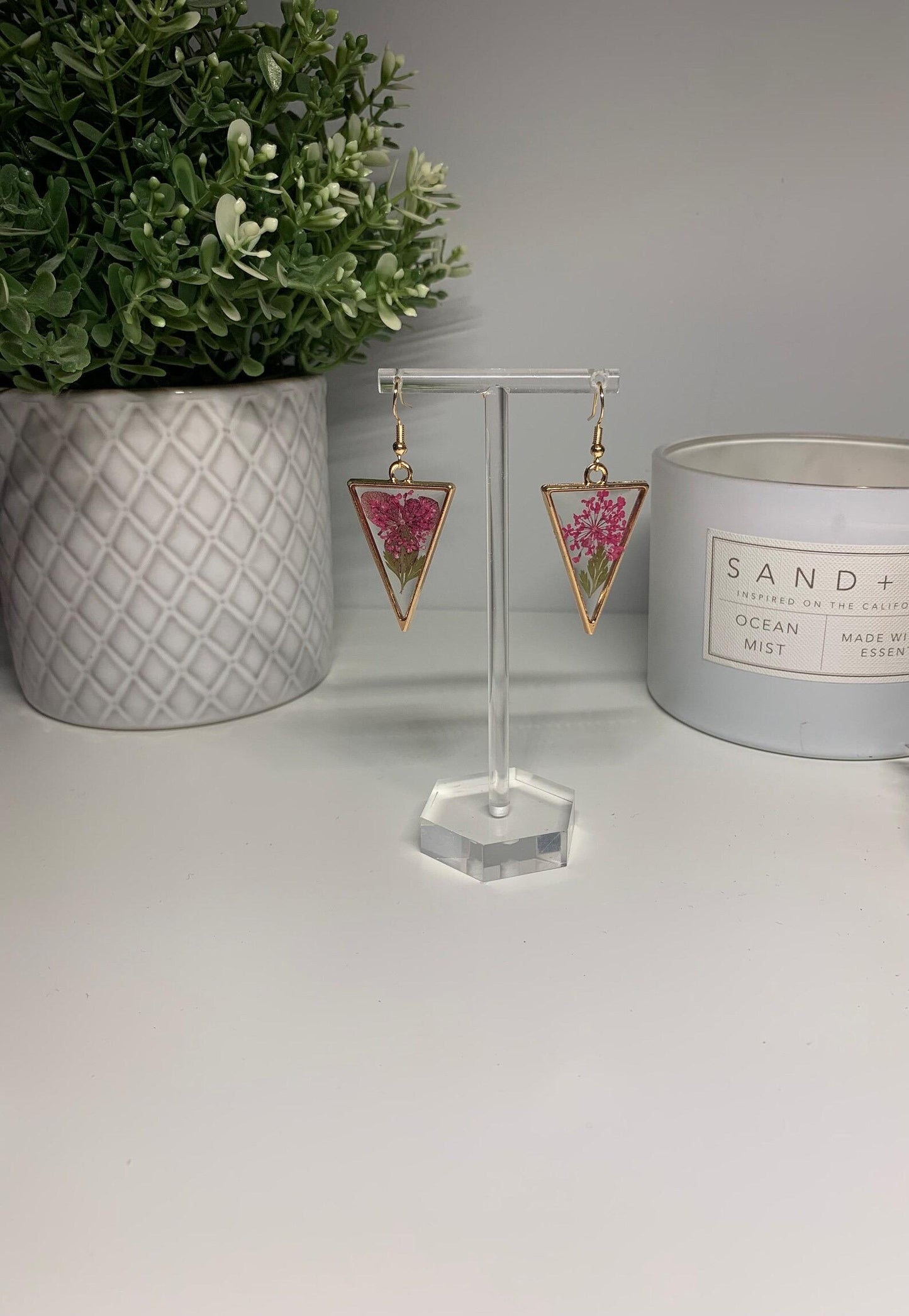 Resin Framed Earrings - With Dried Pink Flowers in Silver or Gold Frames