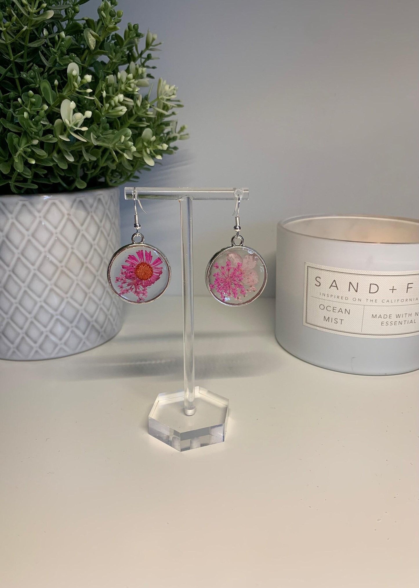 Resin Framed Earrings - With Dried Pink Flowers in Silver or Gold Frames