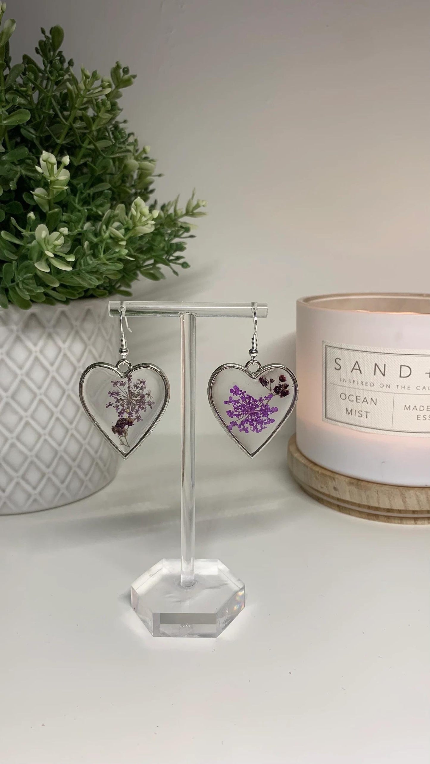 Resin Framed Earrings - With Dried Purple Flowers in Silver or Gold Frames