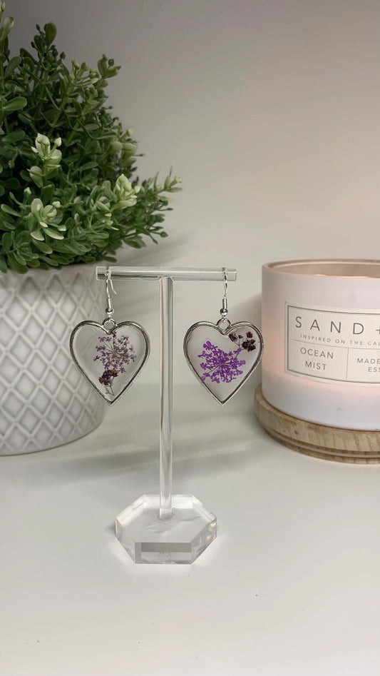 Resin Framed Earrings - With Dried Purple Flowers in Silver or Gold Frames