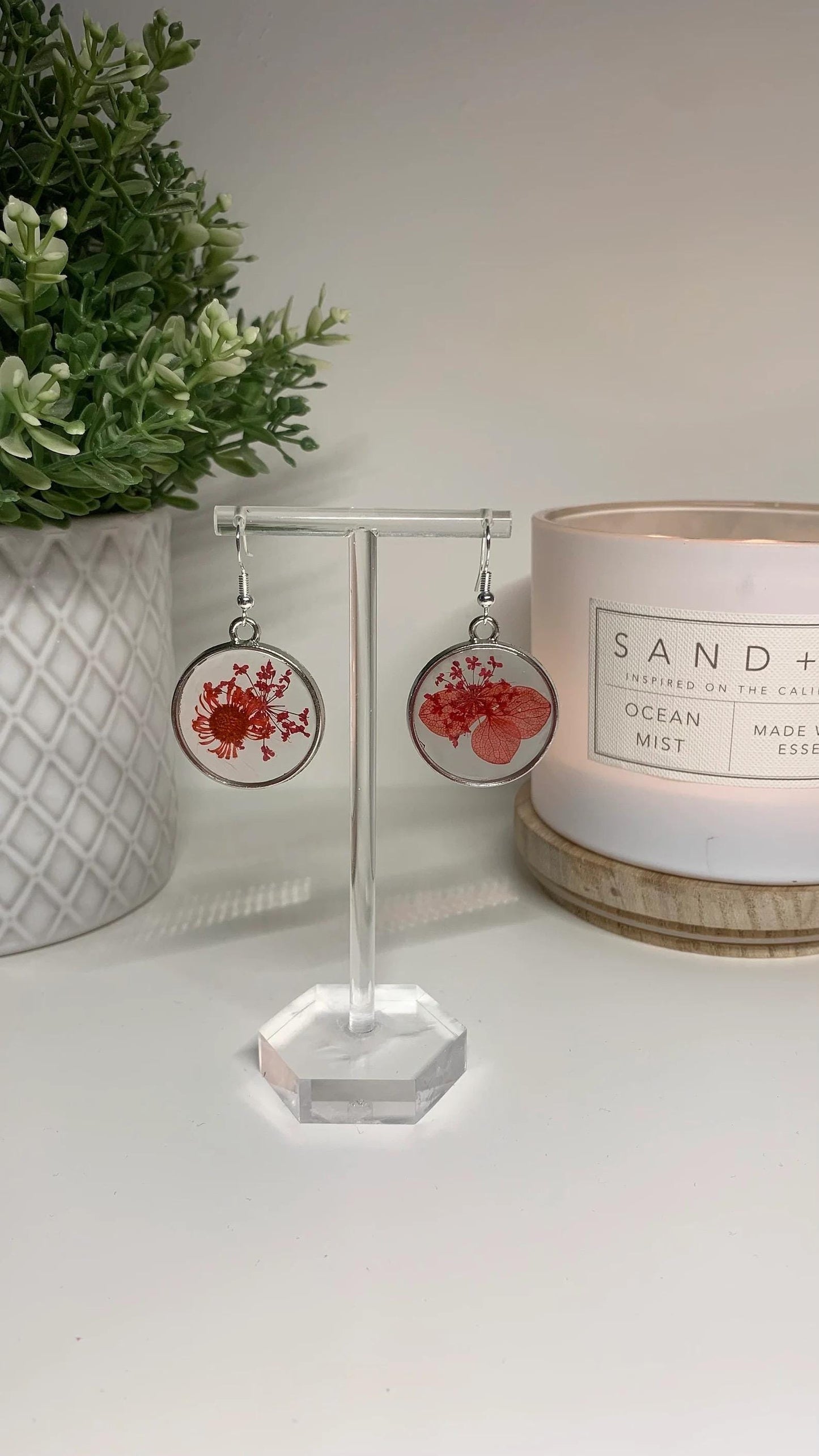 Resin Framed Earrings - With Dried Red Flowers in Silver or Gold Frames