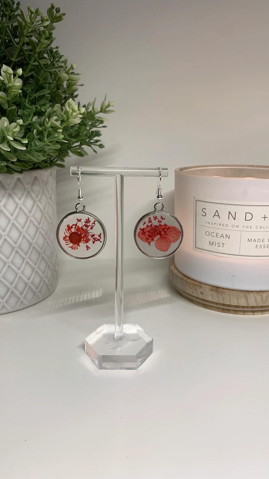 Resin Framed Earrings - With Dried Red Flowers in Silver or Gold Frames