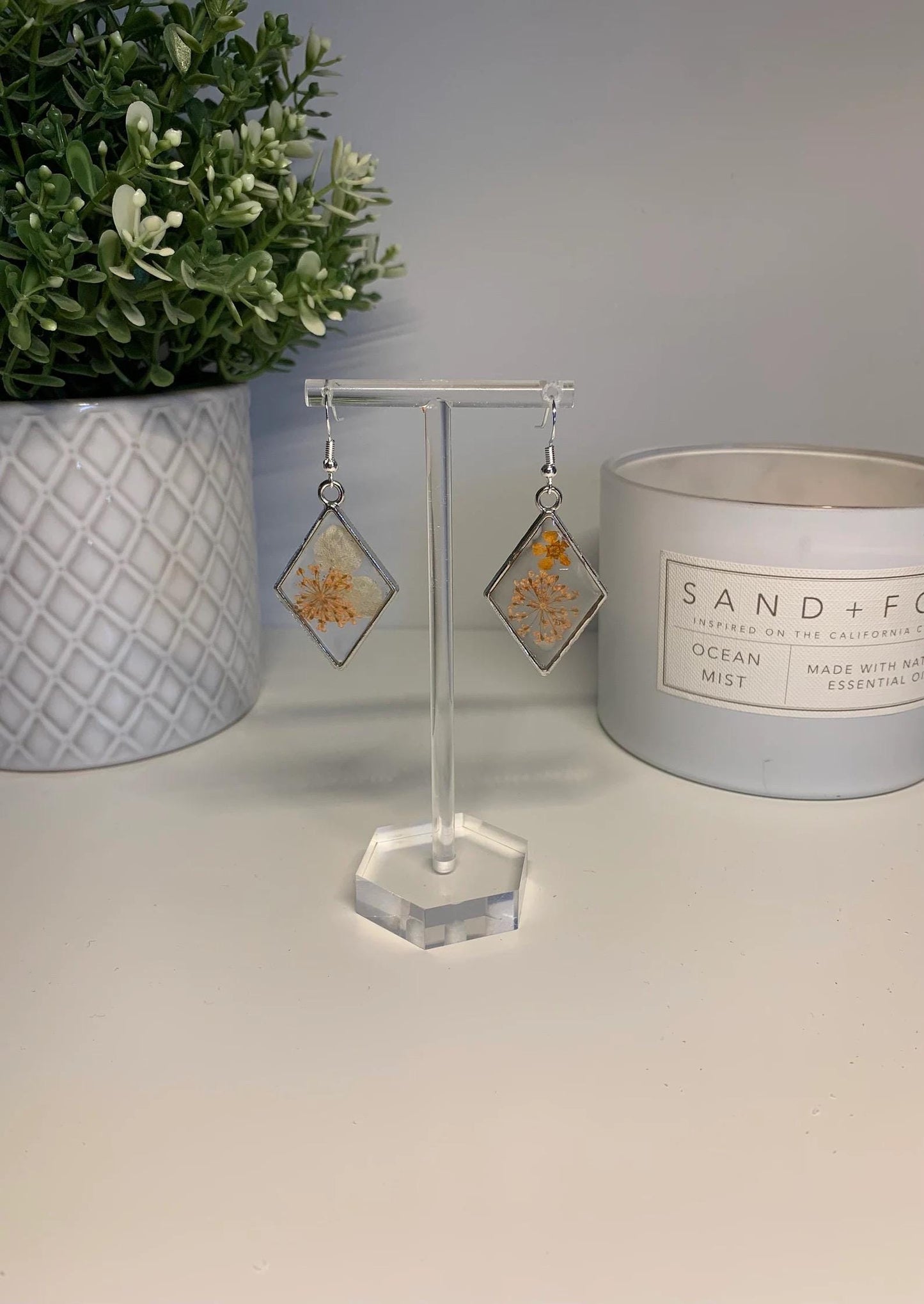 Resin Framed Earrings - With Dried Orange Flowers in Silver or Gold Frames