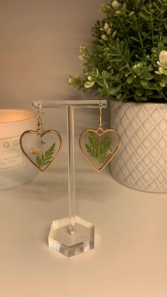 Resin Framed Earrings - With Dried White Flowers and Foliage in Silver or Gold Frames