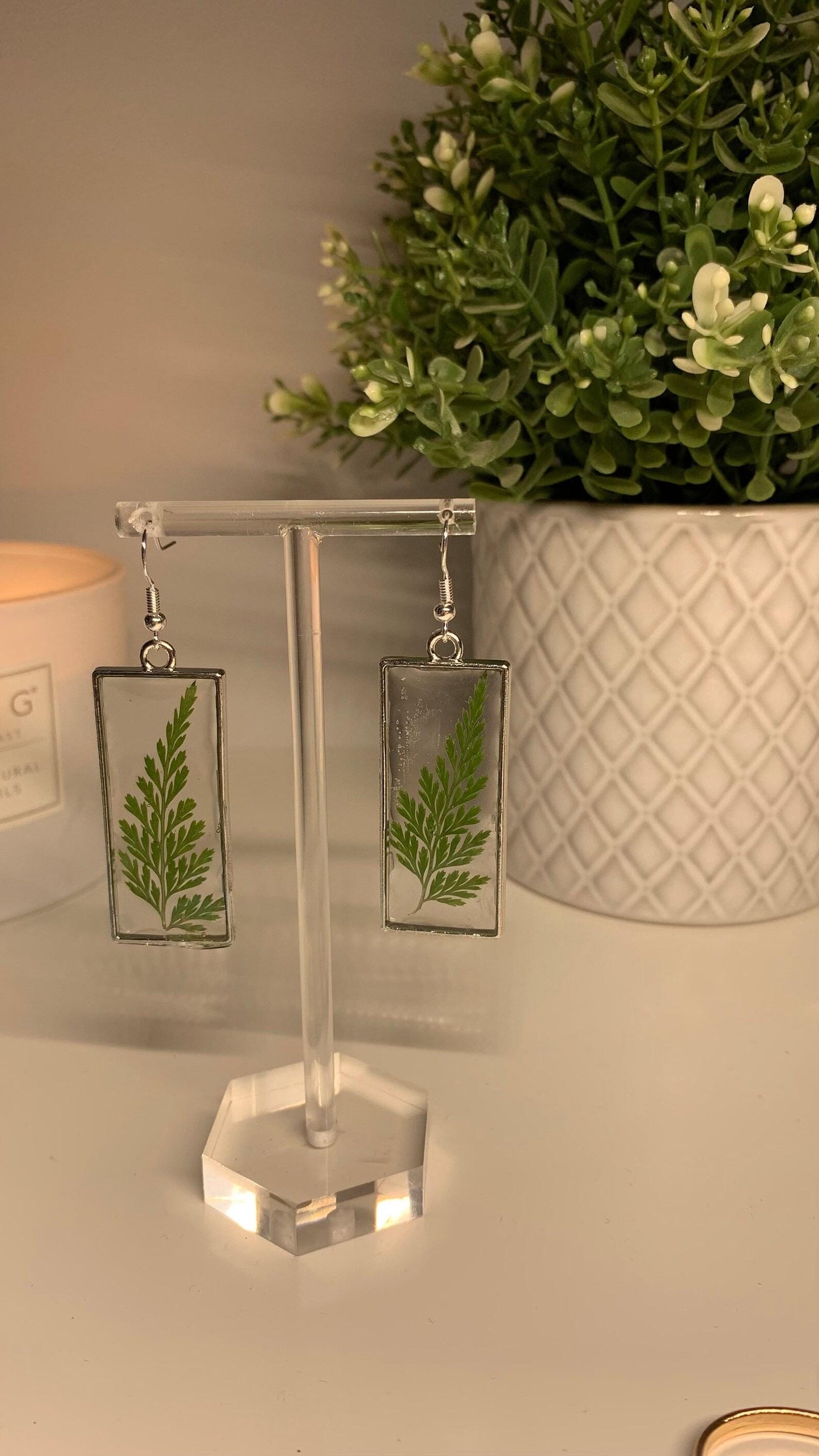 Resin Framed Earrings - With Dried White Flowers and Foliage in Silver or Gold Frames