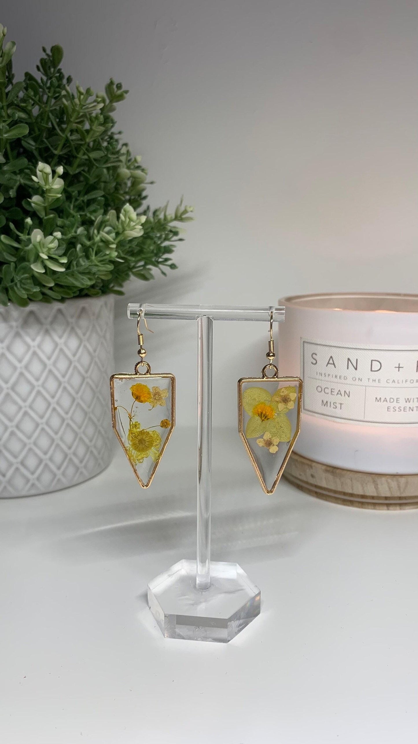 Resin Framed Earrings - With Dried Yellow Flowers in Silver or Gold Frames