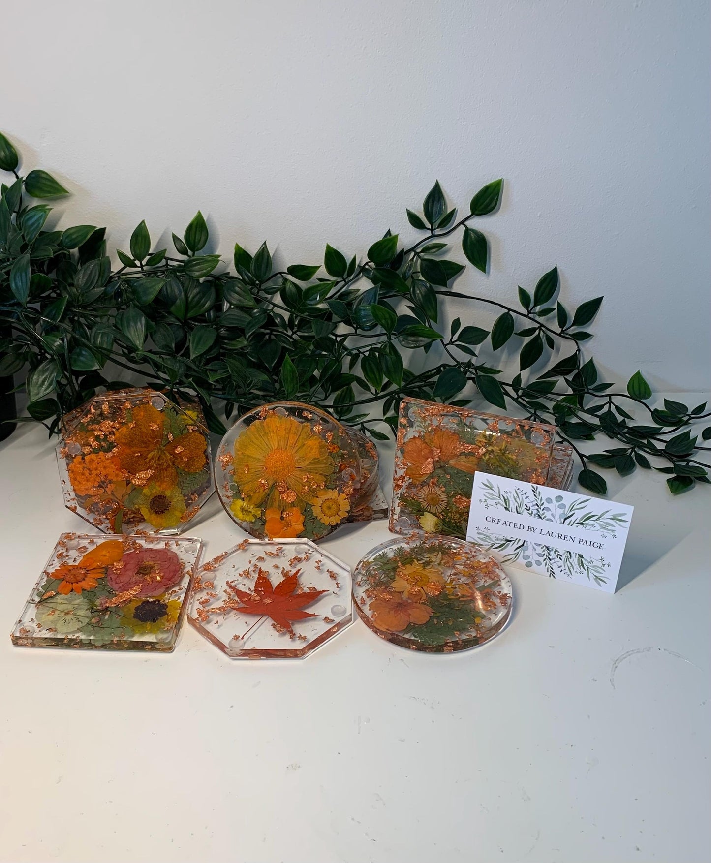 Autumn Coasters with Pressed Flowers and Copper Foil