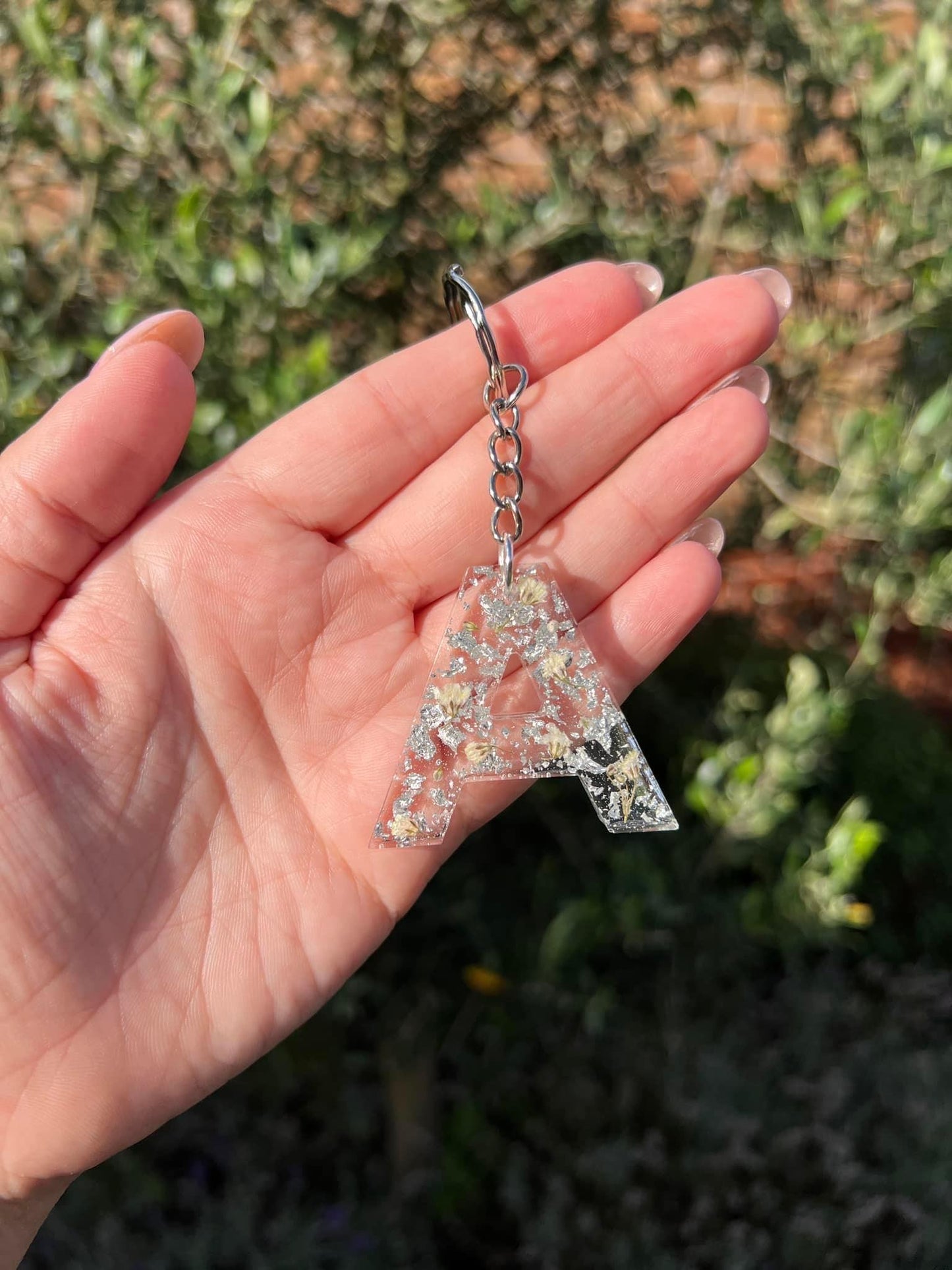 Letter Keyring / Keychain - Small Dried Flowers (Availble with Silver or Gold Glitter / Foil)