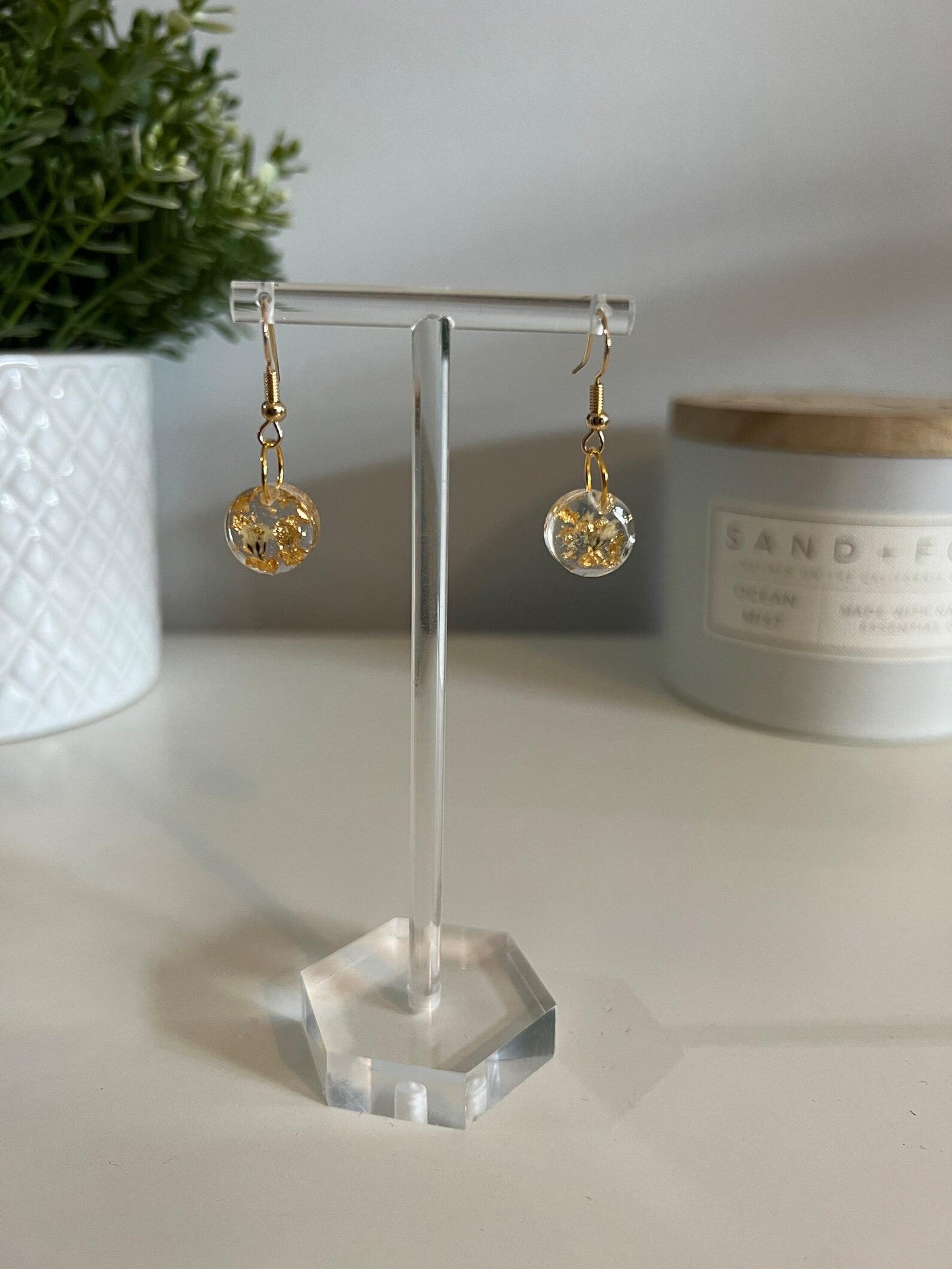 Small Earrings - With Pressed Flowers, Silver or Gold Foil in a Range of Shapes