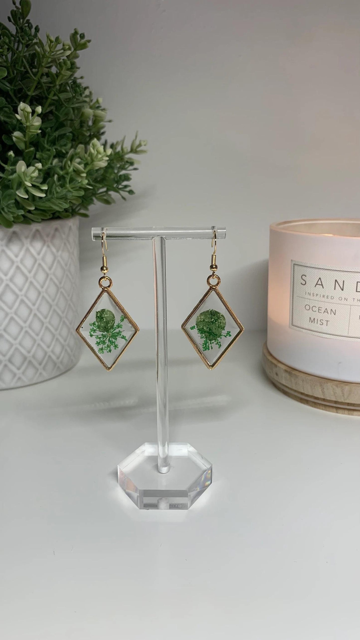 Resin Framed Earrings - With Dried Green Flowers in Silver or Gold Frames