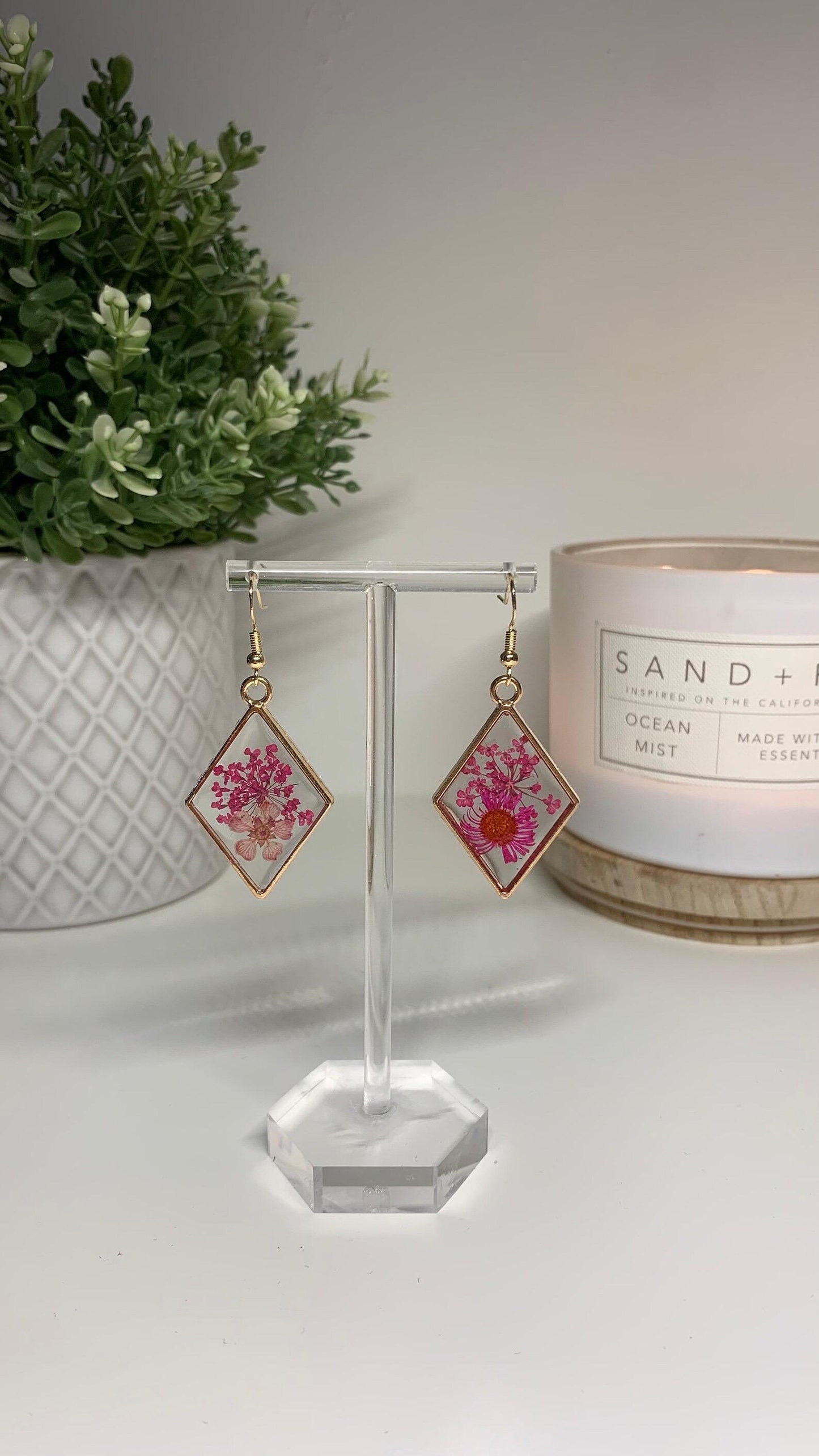Resin Framed Earrings - With Dried Pink Flowers in Silver or Gold Frames