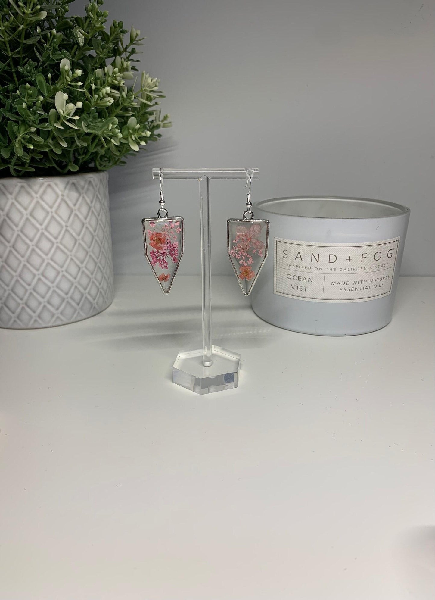 Resin Framed Earrings - With Dried Pink Flowers in Silver or Gold Frames