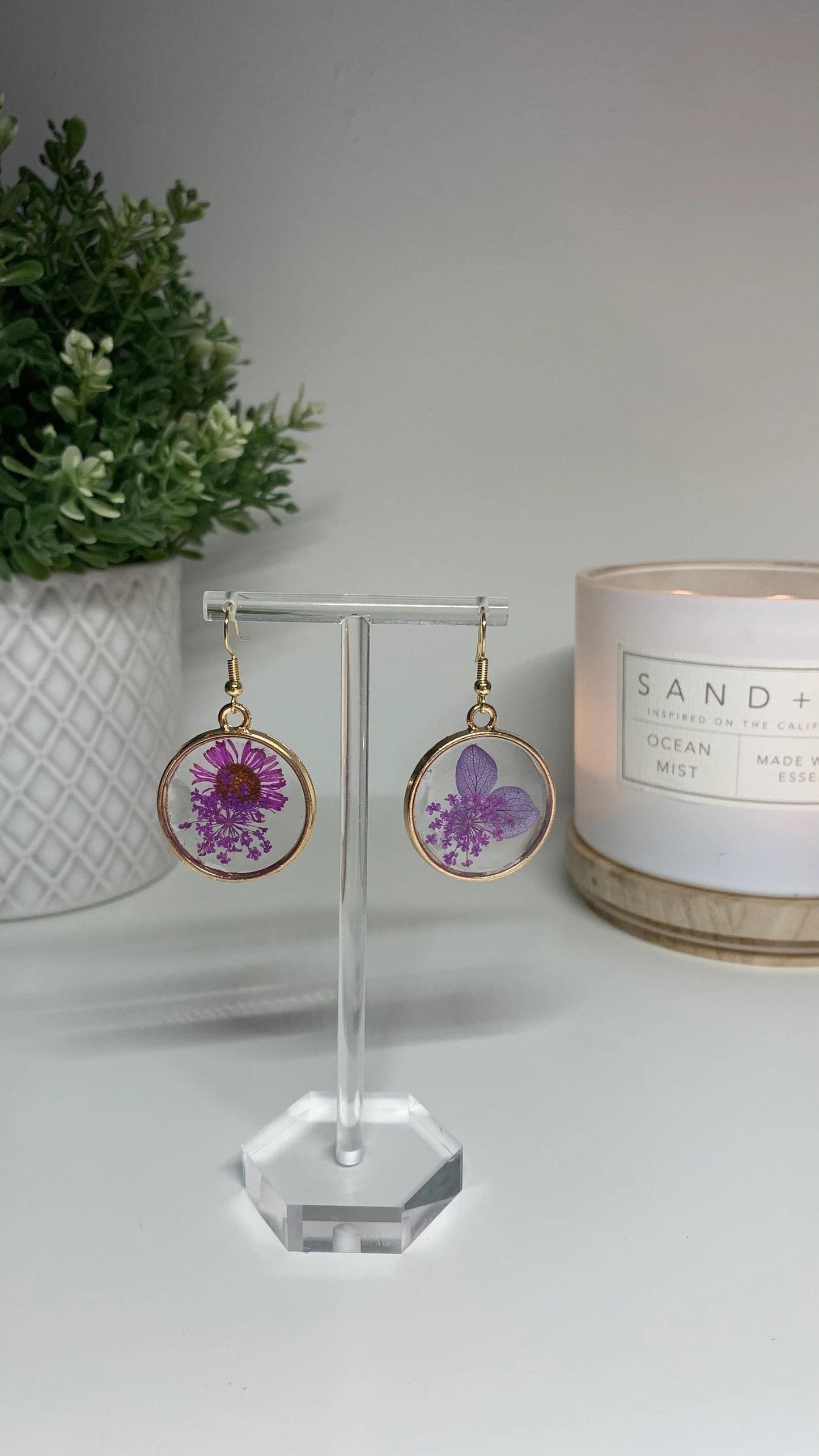 Resin Framed Earrings - With Dried Purple Flowers in Silver or Gold Frames