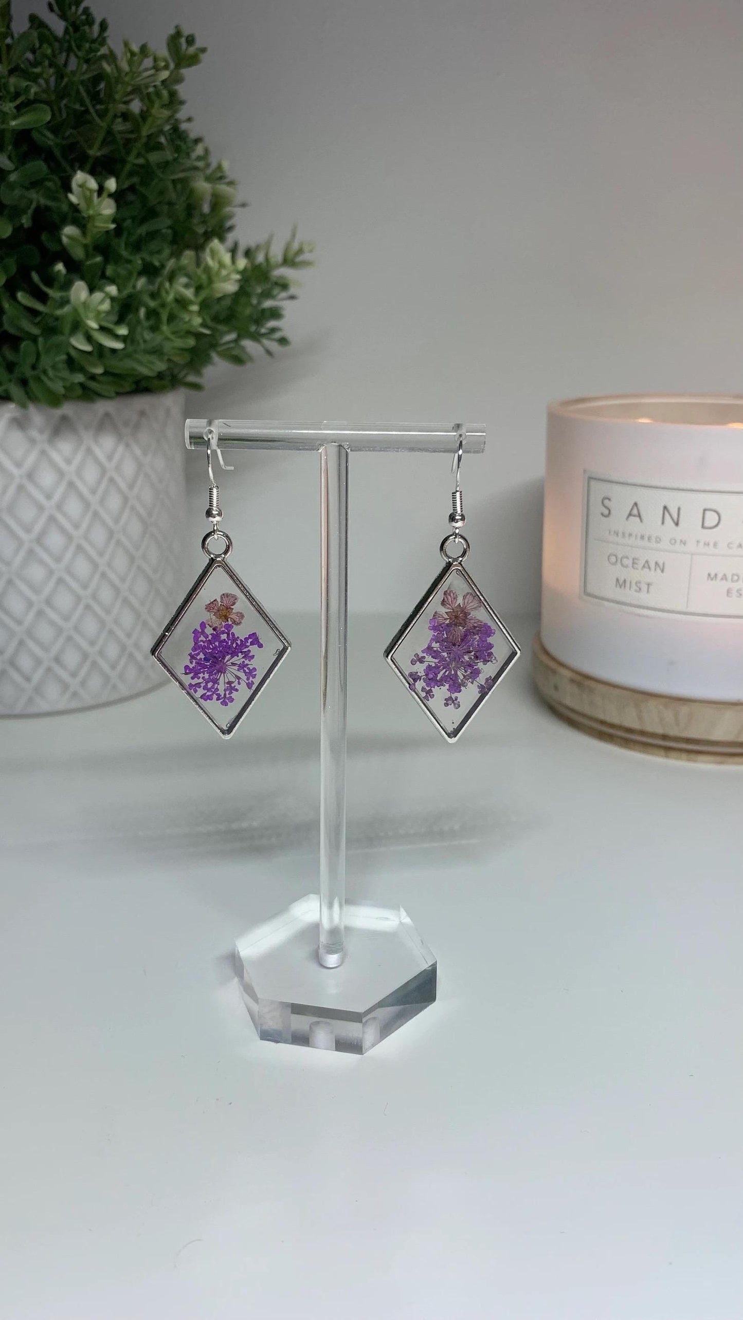 Resin Framed Earrings - With Dried Purple Flowers in Silver or Gold Frames