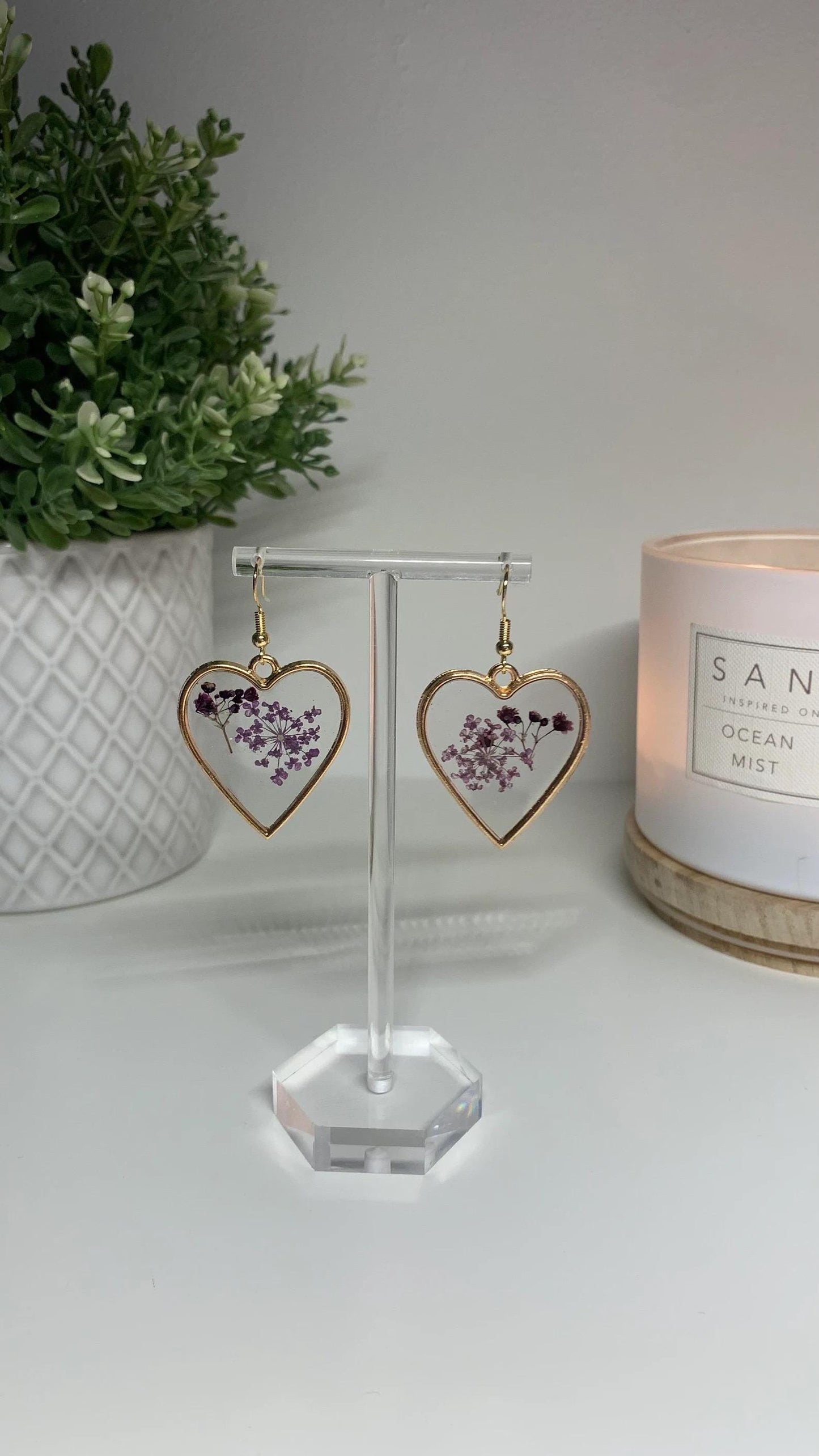 Resin Framed Earrings - With Dried Purple Flowers in Silver or Gold Frames