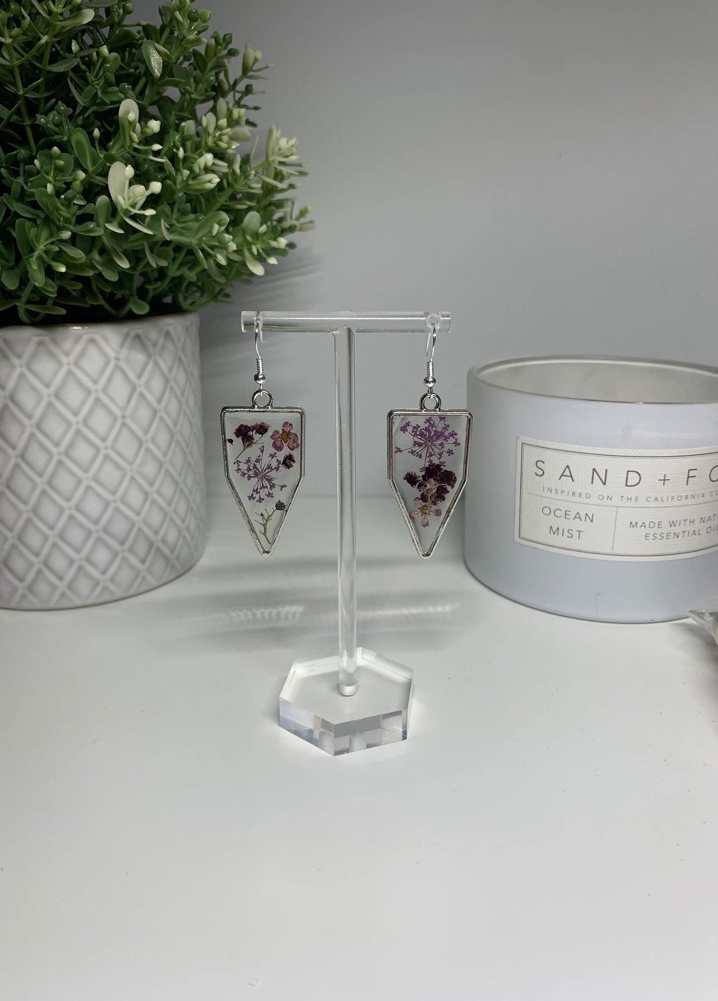 Resin Framed Earrings - With Dried Purple Flowers in Silver or Gold Frames