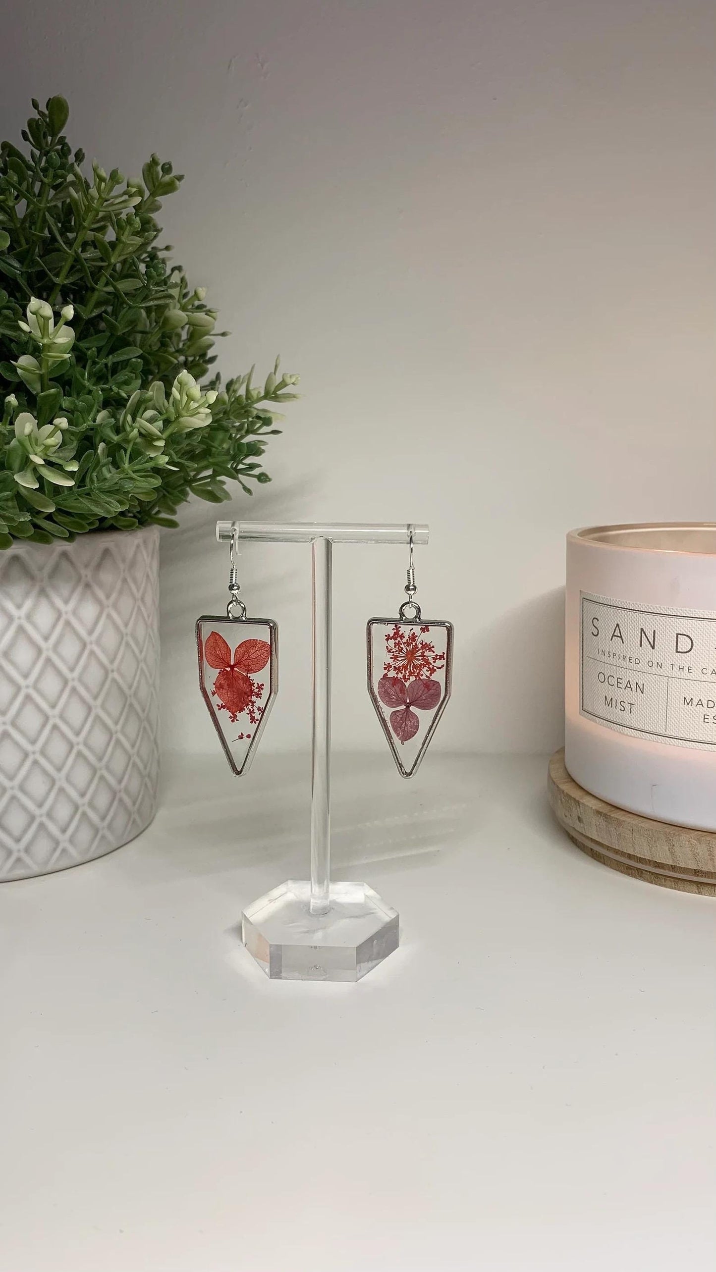 Resin Framed Earrings - With Dried Red Flowers in Silver or Gold Frames