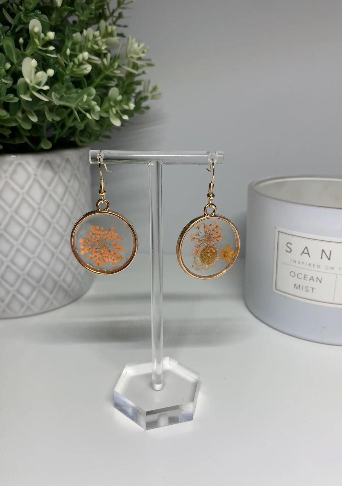 Resin Framed Earrings - With Dried Orange Flowers in Silver or Gold Frames