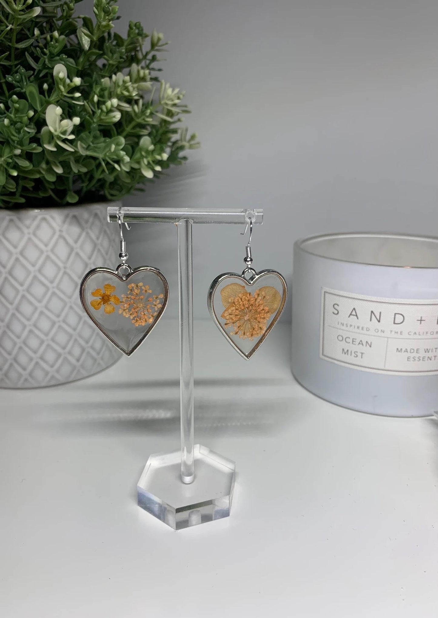 Resin Framed Earrings - With Dried Orange Flowers in Silver or Gold Frames