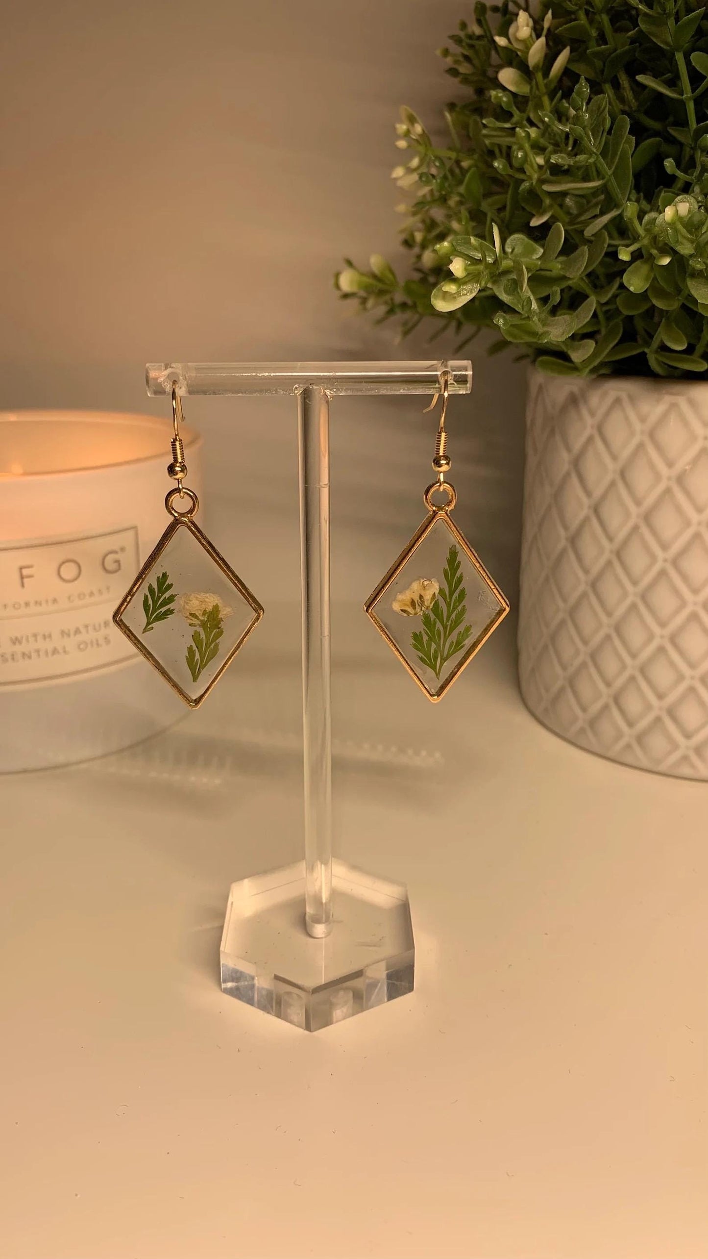 Resin Framed Earrings - With Dried White Flowers and Foliage in Silver or Gold Frames