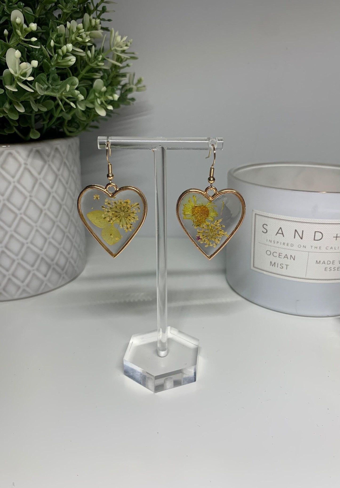 Resin Framed Earrings - With Dried Yellow Flowers in Silver or Gold Frames