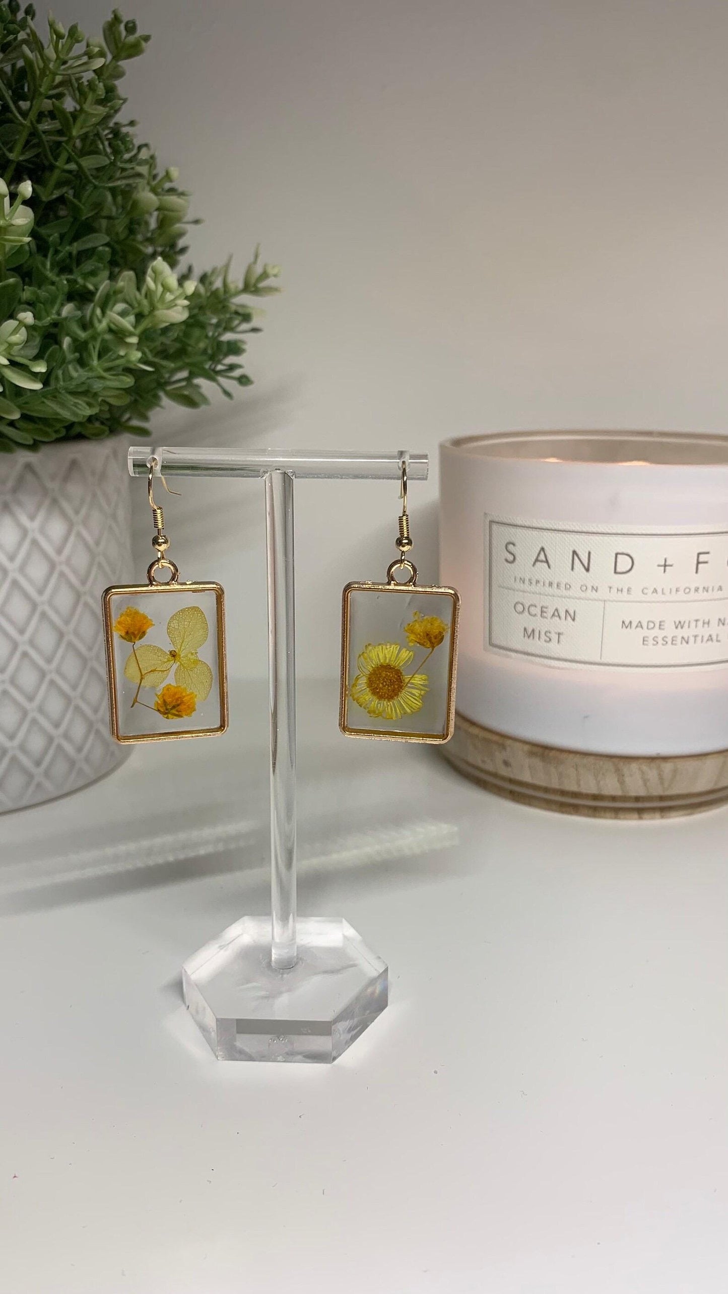 Resin Framed Earrings - With Dried Yellow Flowers in Silver or Gold Frames